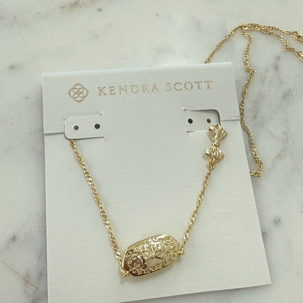 NEW Kendra Scott X Love Shack Fancy Blue Bow Pink Floral Necklace Dual Side Gold - Picture 4 of 6